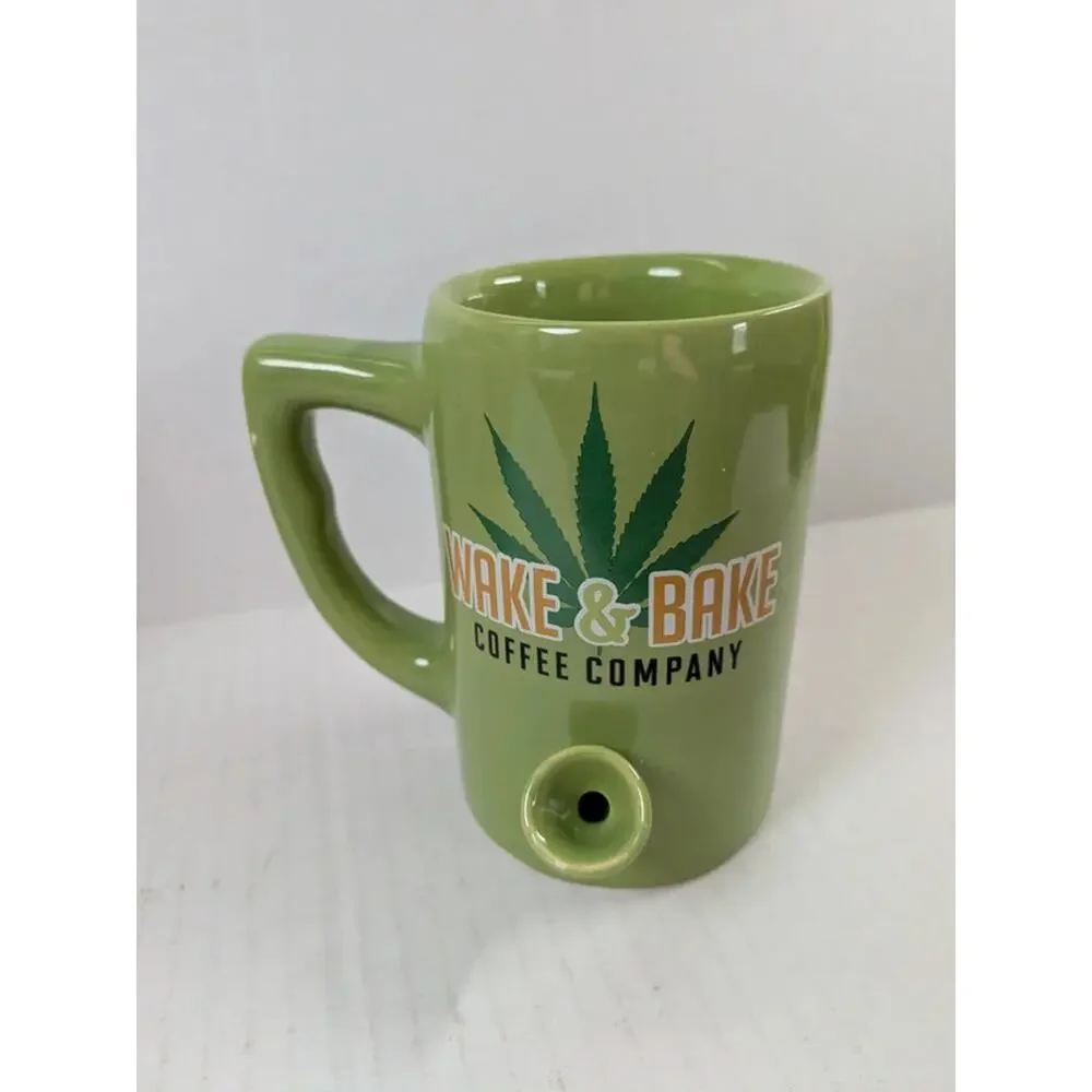 Wake & Bake Coffee Co Mug Pipe Green Ceramic 10oz Coffee Cup NEW Box